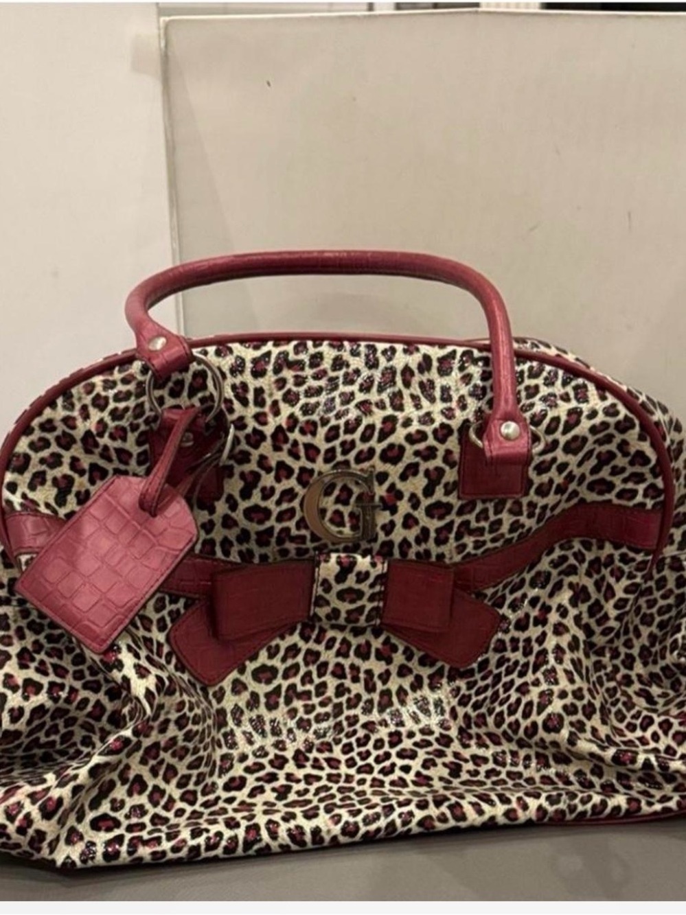 Vintage Guess Leopard Print Satchel with Purple Trim and Bow Accent